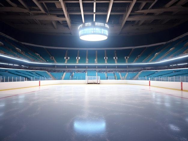 Pista de hockey iluminada lista para el juego asientos vacíos luces brillantes arena deportiva profesional