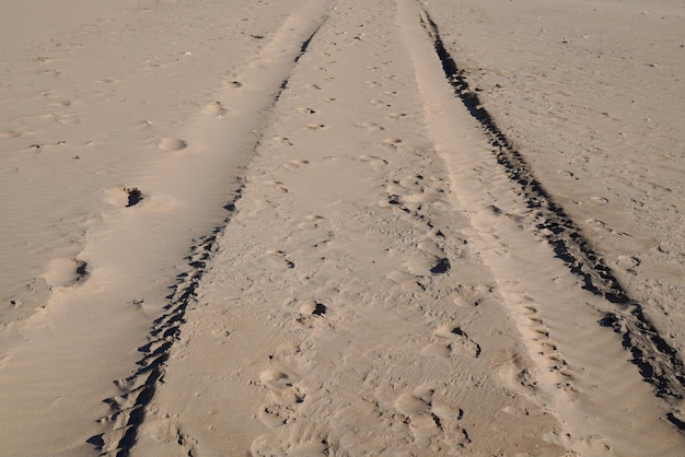 Pista de neumáticos de coche en la arena de la playa huellas de neumáticos en el fondo del desierto arenoso