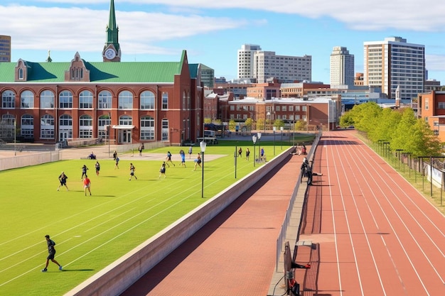 La pista de la Universidad de Cape Breton con edificios de residentes estudiantiles en el fondo es pública.