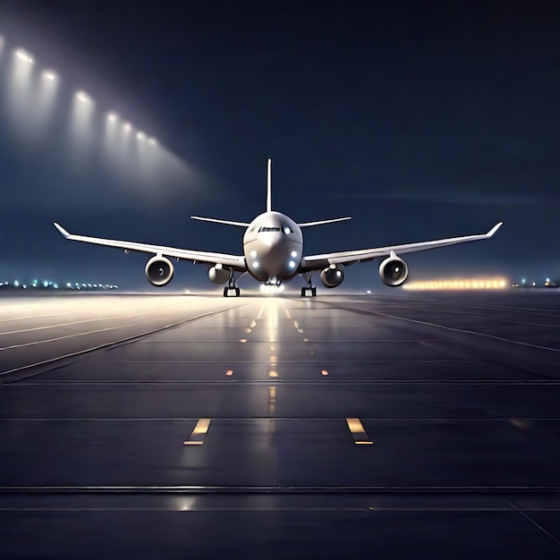 una pista vacía con un avión aterrizando desde el cielo en la noche AI