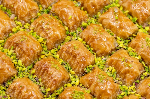 Pistache baklava Closeup Sabores Tradicionais do Oriente Médio Baklava turca tradicional nome local fistikli baklava