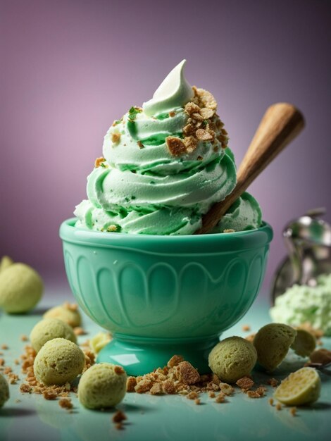 Foto pistachio gelado gelato scoop comida cinematográfica sobremesa fotografia de estúdio iluminação e fundo