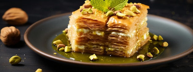 Foto pistachio kadaif em um prato sobremesa turca kadayif com pó de pistachio