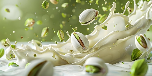 Pistacho cayendo sobre una capa de fondo de chocolate blanco caliente Generado por Ai