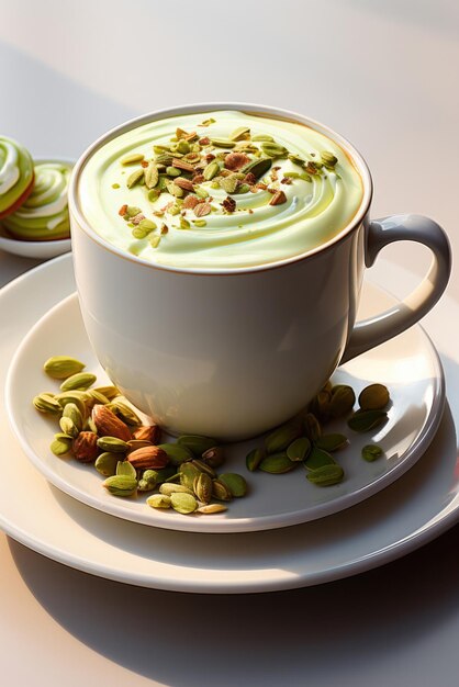 Pistacho con leche en una taza blanca en un platillo en la mesa