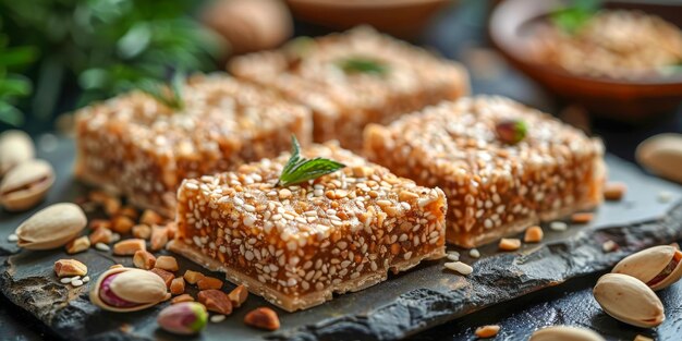 Pistacho de sésamo gourmet en la mesa de la cocina rústica