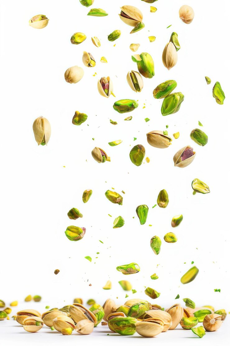 Pistachos en el aire contra un fondo blanco que muestran su color verde vibrante y textura natural