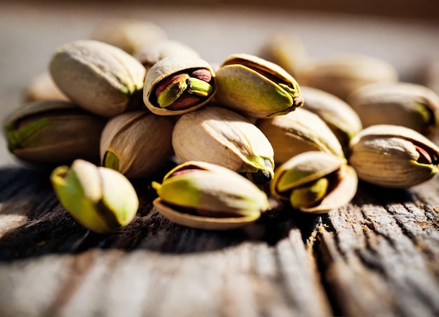 Pistachos en una mesa de madera