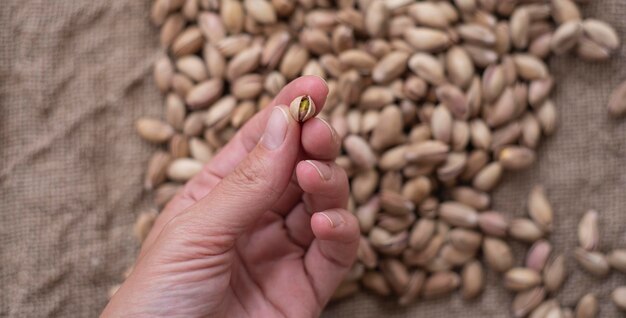 Foto pistaques em saco de burlap alimentos saudáveis ricos em proteínas nutrição dietética em close-up