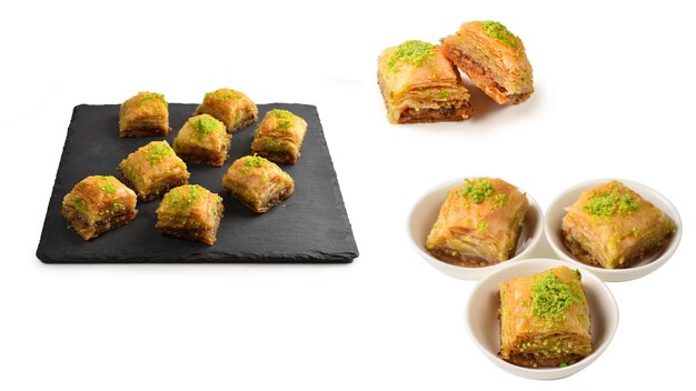 Pistazien-Baklava auf einem schwarzen Teller Dessert