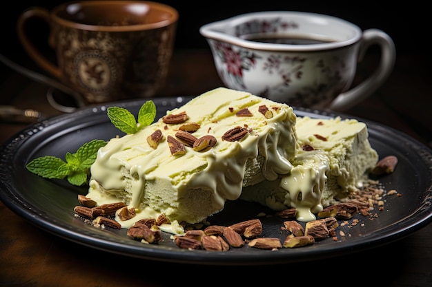 Pistazien-Brownie mit weißer Schokolade und Kaffee-Generator IA