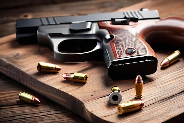 Pistola y balas en la mesa de madera
