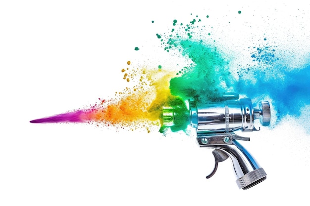 Pistola colorida de pintura de aerógrafo de metal cromado com explosão de pó holi em fundo branco