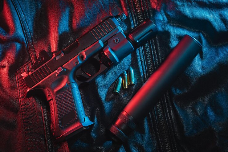 Foto pistola de arma tática com toque vermelho de lanterna e silenciador