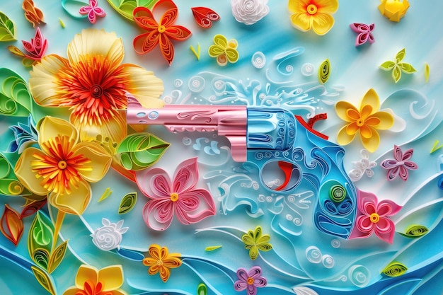 Foto pistola de papel com decorações de flores e borboletas adequada para projetos criativos e artísticos