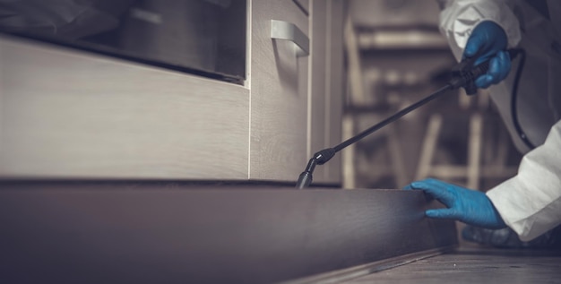 Pistola de pulverização com close-up de pesticidas. Um exterminador em roupas de trabalho pulveriza pesticidas de um frasco de spray. Lute contra insetos em apartamentos e casas. Desinfecção das instalações.