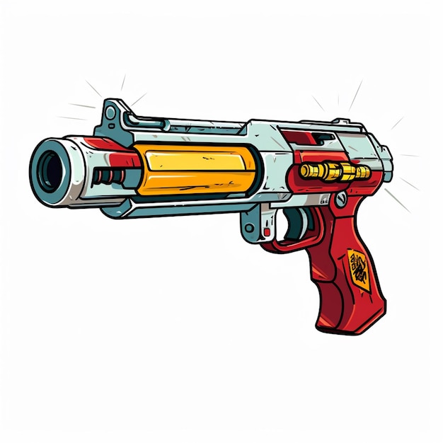 Foto pistola estilo dibujos animados con mango rojo y amarillo ai generat