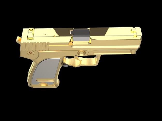 Pistola de mano moderna dorada con empuñadura de plata vista de arriba hacia abajo