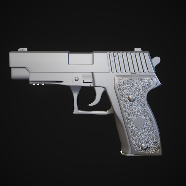 Foto pistola de policía metálica, militar, negra sobre fondo blanco aislada, vista frontal. renderizado 3d