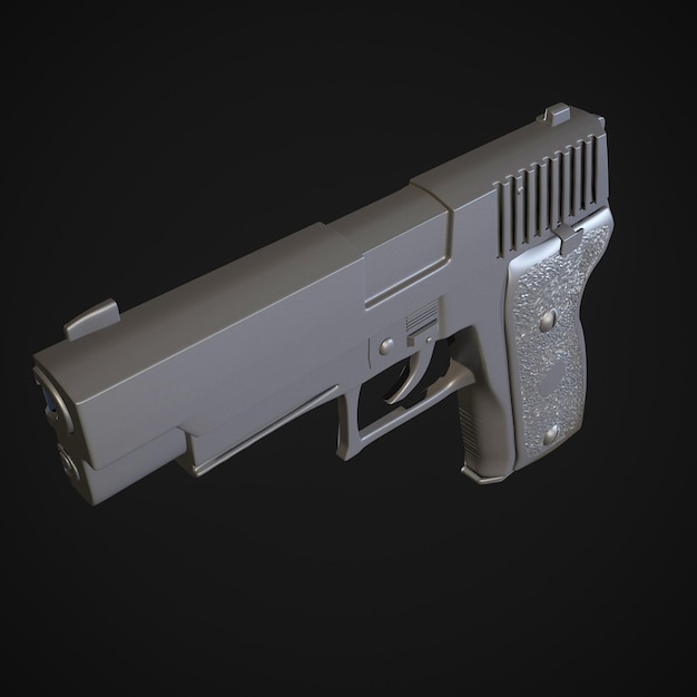 Pistola de policía metálica, militar, negra sobre fondo blanco aislada, vista frontal. renderizado 3D