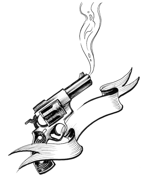 Pistola de revólver humeante con pancarta en blanco Dibujo en blanco y negro de tinta
