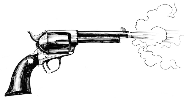 Pistola de revólver de tiro. Dibujo a tinta en blanco y negro
