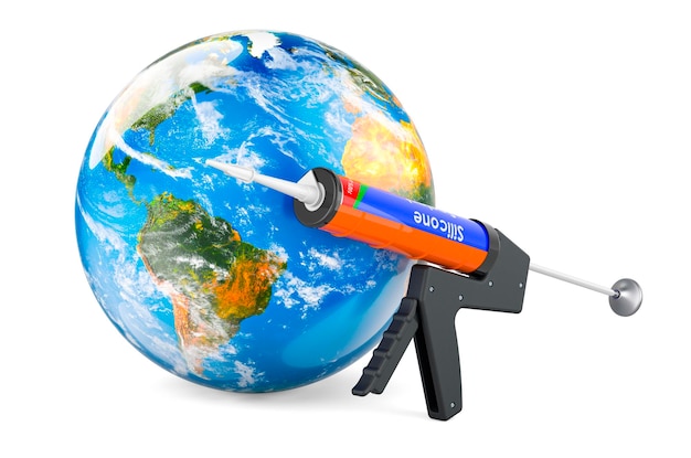 Pistola de sellador con tubo de sellador de silicona con representación 3D del globo terrestre aislado sobre un fondo blanco