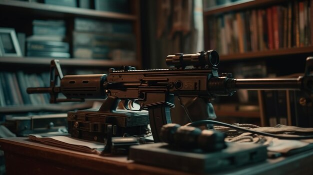 Una pistola sobre una mesa en una biblioteca.