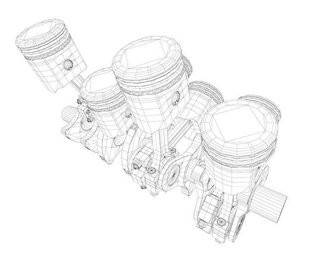 Pistones, motor V8, estructura de la carrocería, modelo de alambre