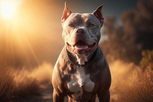 pit bull en pose en un día soleado en el campo