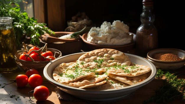 Pita-Brot und eine Schüssel Dip auf einem Teller