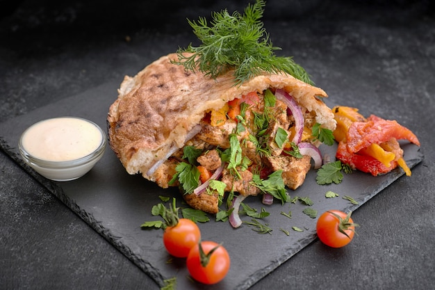 Pita con carne y verduras, en pizarra, sobre una mesa negra