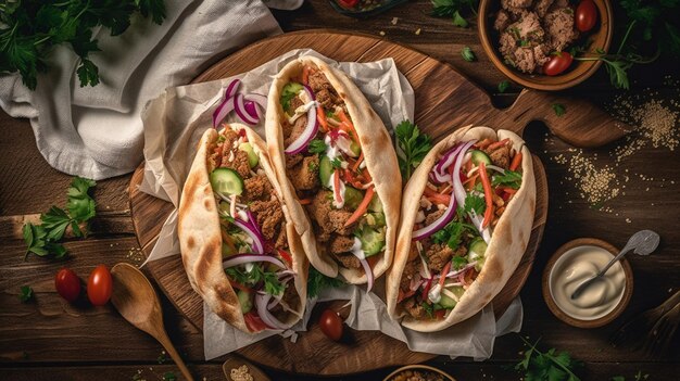 Pita crujiente con carne de giros a la parrilla