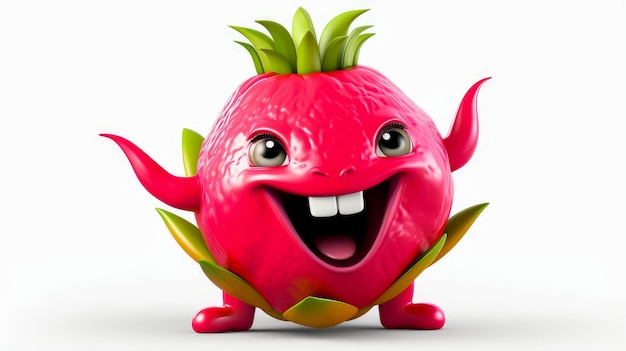 Pitahaya con una cara alegre en 3D sobre un fondo blanco Personajes de dibujos animados tridimensionales