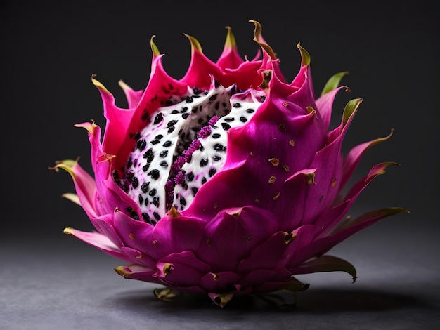 Pitaya de polpa branca ou fruta do dragão aberta uniformemente iluminada com roxo vibrante