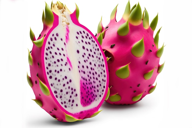 Pitaya en rodajas o fruta del dragón sobre un fondo blanco usando un camino de recorte