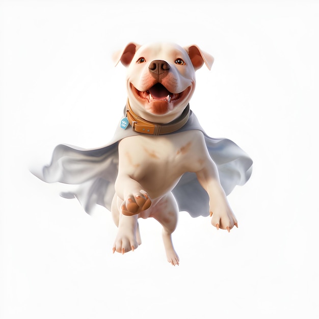 Pitbull branco voando no céu com capa branca de super-herói