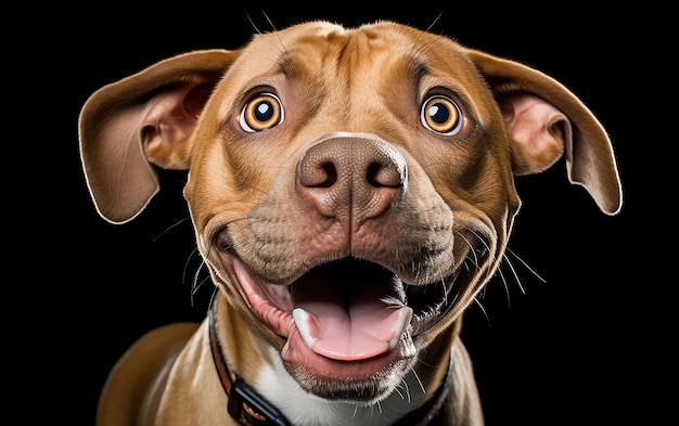 Foto pitbull engraçado e emocionado com expressão de surpresa chocada no fundo preto