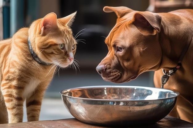 Pitbull-Hund und Ingwer-Katze teilen sich den Wassernapf. Generative KI