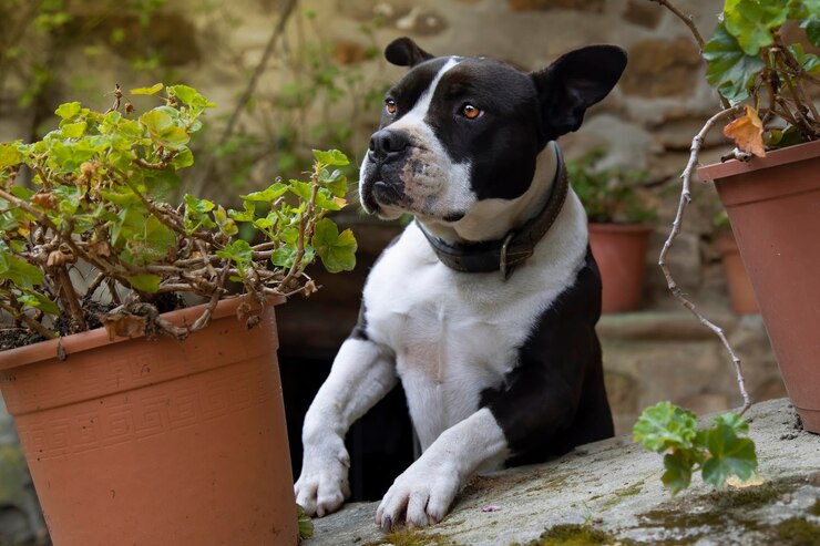 Pitbull joven jugando en el jardín de casa mirando y escondiéndose detrás del espacio de las macetas para copiar en ambos lados