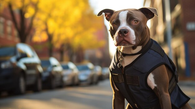 Un pitbull en un pequeño chaleco de policía