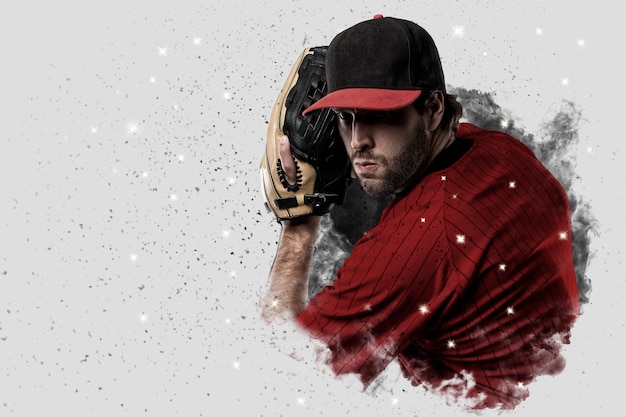 Pitcher Jogador de beisebol com um uniforme vermelho saindo de uma rajada de fumaça.