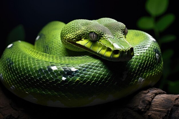 Foto pitón de árbol verde pitón reticulado en fondo oscuro pitón verde condropitón ai generado