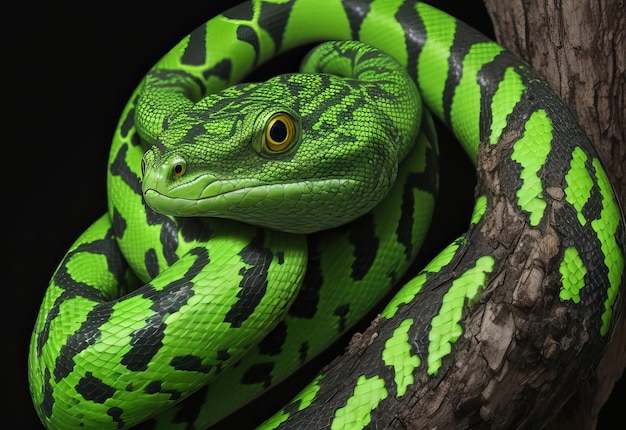 Pitón de árbol verde primer plano juvenil en rama con fondo negro Pitón de árbol verde 'Morelia viri