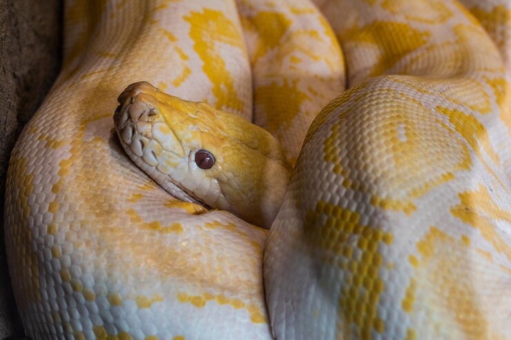 Foto pitón birmana amarilla y blanca acurrucada sobre sí misma con la cabeza sobresaliente python bivittatus