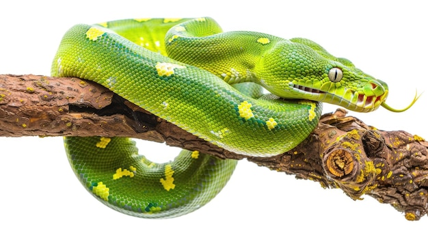 Foto píton de árvore verde em fundo branco criatura perigosa de sangue frio em ataque colorido