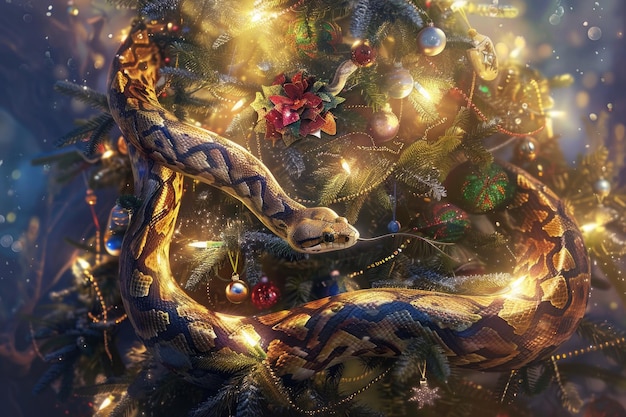 Píton entrelaçado em decorações festivas de árvore de Natal com luzes quentes e brilhantes