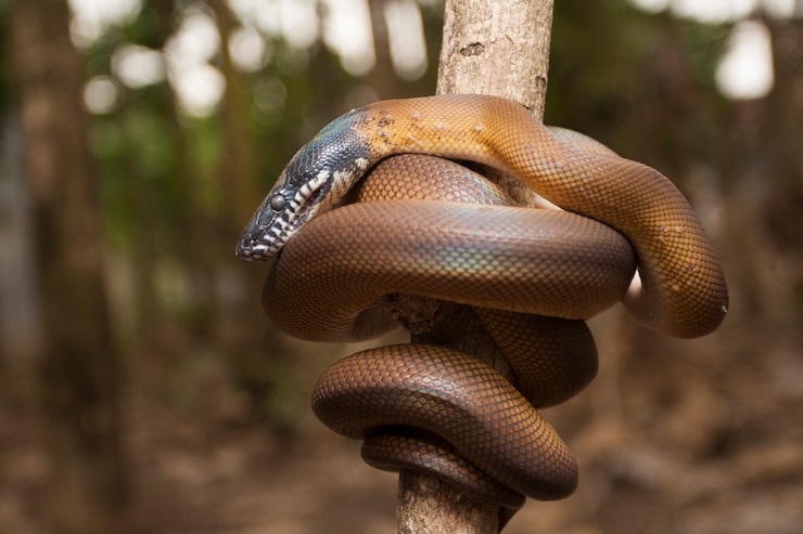 Foto pitón labio blanco envuelto alrededor de una rama