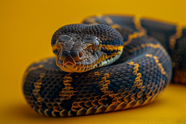 Píton preto e amarelo enrolado em um fundo vibrante