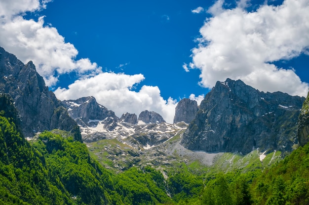 Pitorescos picos nevados das montanhas altas.